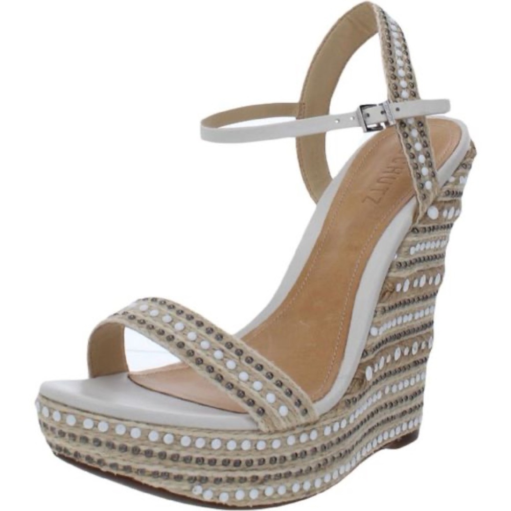 Schutz Size 6 Carminda Beige Espadrille Embellished Wedge Sandals Shoes NEW
